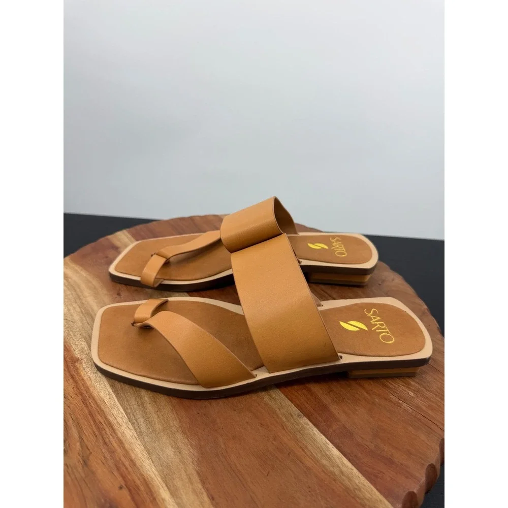 Sarto Ediana Sandals Women 7M Tan Leather Square Toe Loop Flat Slide Shoes